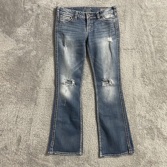 Silver Jeans Womens Size 27x31 Twisted‎ Boot Cut Light Wash Blue Distressed - Picture 1 of 11